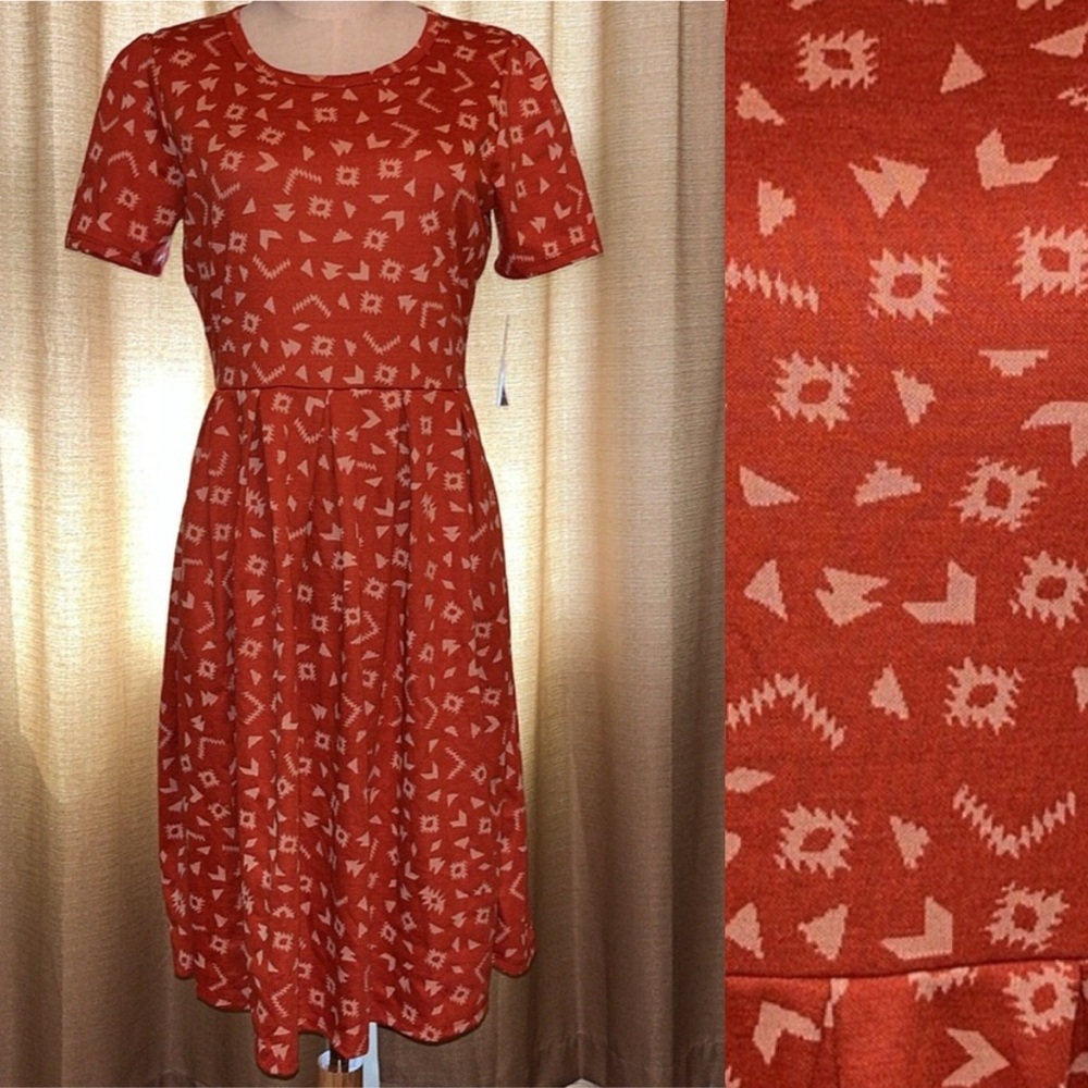 LuLaRoe Amelia Women Large Dress Burnt Orange Geometric Shape Print with Pockets